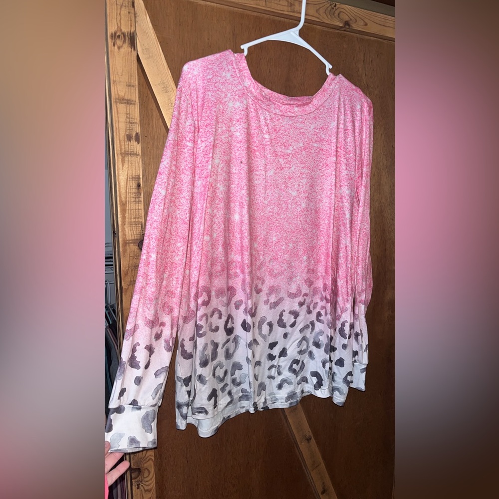 Pink and Gray Leopard Print Long Sleeve Top